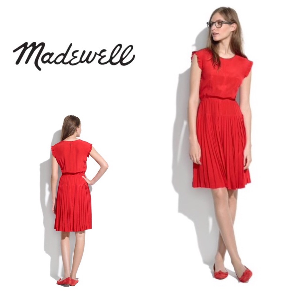 New Madewell Silk Drop-Pleat Red Dress